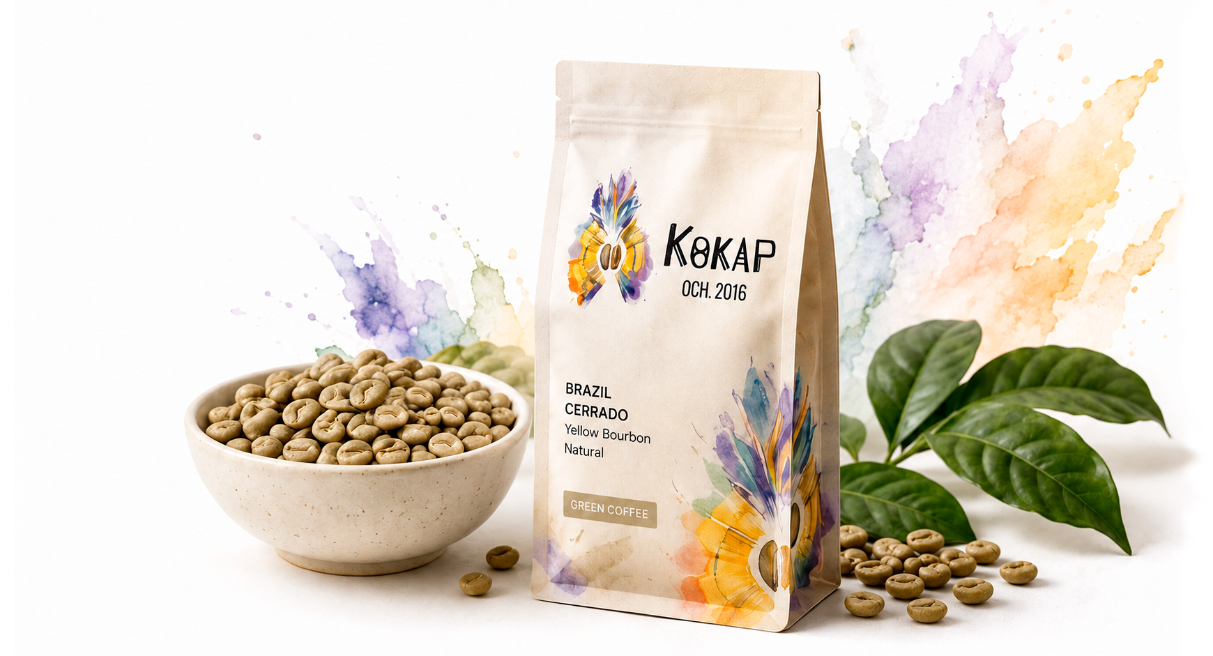 Упаковка Кокар, миска с зелёным кофе и листья кофейного дерева